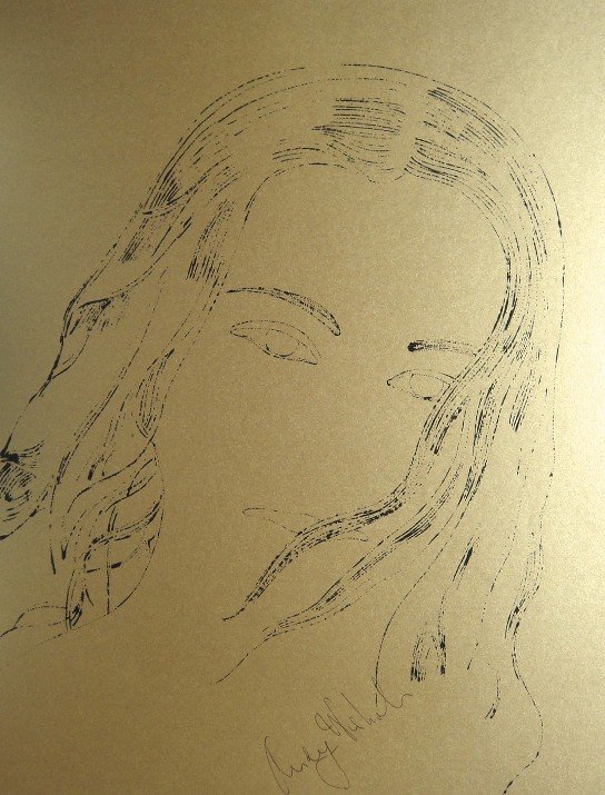 ANDY WARHOL, Signed Lithograph, Gold Book: Lithograph on gold paper by Andy Warhol. From the series "Gold Book", 1955. Hand signed by Andy Warhol in black pen. Prov: Galerie les Tourettes, Dr. A. Wertheimer, Paris. Size: 11 x 8.2 in (28 x 21 c