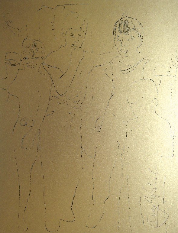 ANDY WARHOL, Signed Lithograph, Gold Book: Lithograph on gold paper by Andy Warhol. From the series "Gold Book", 1955. Hand signed by Andy Warhol in black pen. Prov: Galerie les Tourettes, Dr. A. Wertheimer, Paris. Size: 11 x 8.2 in (28 x 21 c