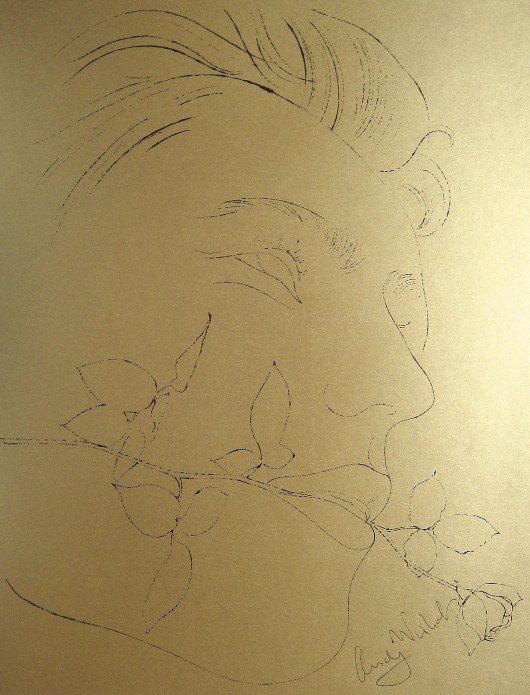 ANDY WARHOL, Signed Lithograph, Gold Book: Lithograph on gold paper by Andy Warhol. From the series "Gold Book", 1955. Hand signed by Andy Warhol in black pen. Prov: Galerie les Tourettes, Dr. A. Wertheimer, Paris. Size: 11 x 8.2 in (28 x 21 c