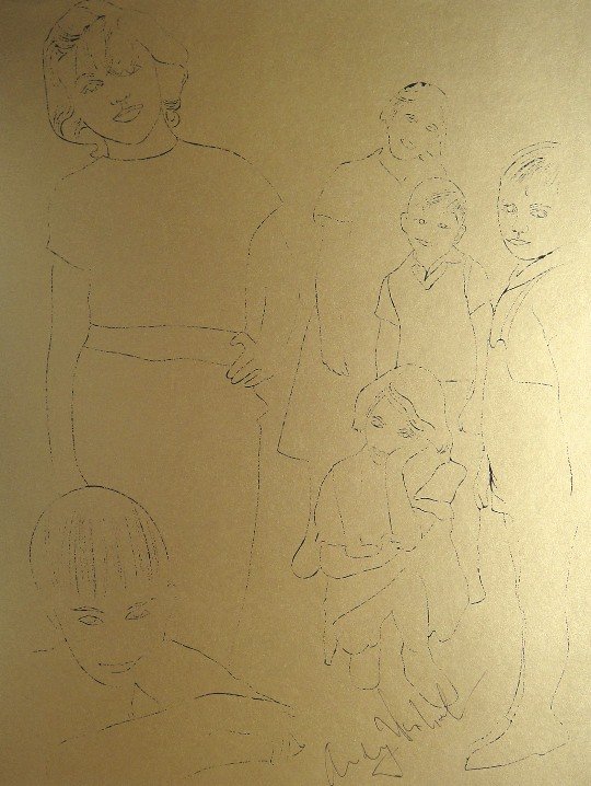 ANDY WARHOL, Signed Lithograph, Gold Book: Lithograph on gold paper by Andy Warhol. From the series "Gold Book", 1955. Hand signed by Andy Warhol in black pen. Prov: Galerie les Tourettes, Dr. A. Wertheimer, Paris. Size: 11 x 8.2 in (28 x 21 c