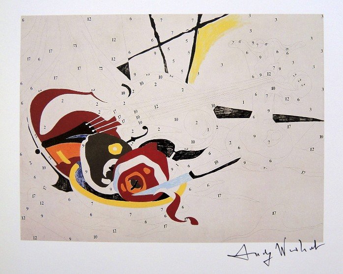 ANDY WARHOL, Signed Print, 1982: Andy WARHOL, "Do It Yourself (Violin)" signed Print. From a signed VIP book from 1982. Hand signed by Andy Warhol in black pen. Size: 8.3 x 7.1 in (21 x 18 cm) printed on the back.