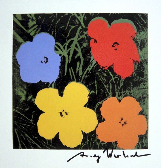 ANDY WARHOL, Signed Print, 1982: Andy WARHOL, "Flowers" signed Print. From a signed VIP book from 1982. Hand signed by Andy Warhol in black pen. Size: 10.3 x 9.9 in (26 x 25 cm) printed on the back.