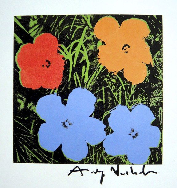 ANDY WARHOL, Signed Print, 1982: Andy WARHOL, "Flowers" signed Print. From a signed VIP book from 1982. Hand signed by Andy Warhol in black pen. Size: 10.3 x 9.9 in (26 x 25 cm) printed on the back.