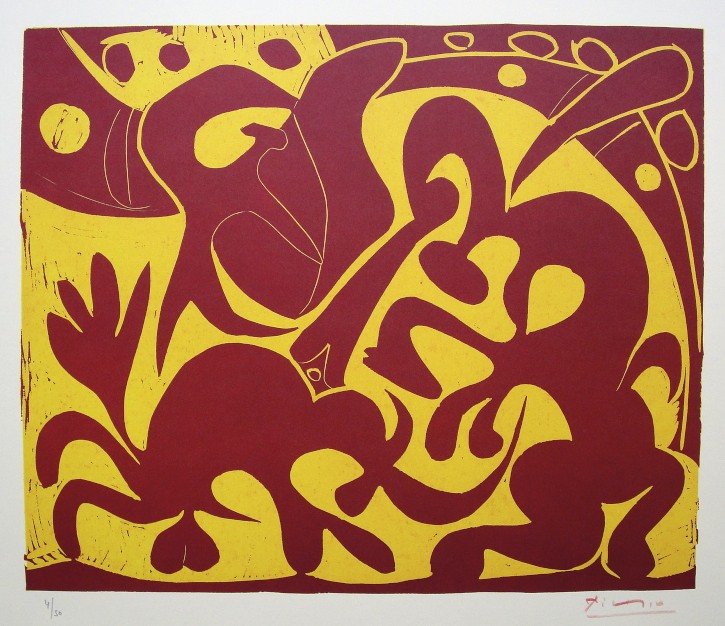 PABLO PICASSO, Hand signed Lithograph, 1962: Pablo Picasso original hand signed Lithograph, 1962. "Pique" (Bloch 908) Signature in red pencil and numbered 4/50 in pencil by Pablo Picasso. Lithograph after Linocut from 1959. Special Edition from 