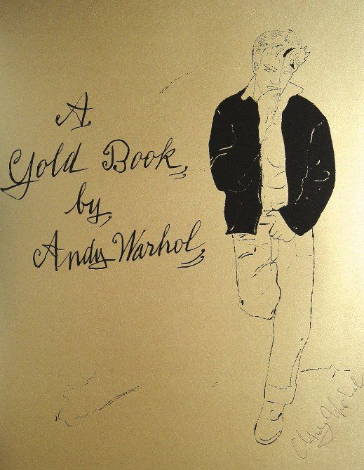 ANDY WARHOL, Signed Lithograph, Gold Book: Lithograph on gold paper "James Dean" by Andy Warhol. From the series "Gold Book", 1955. Hand signed by Andy Warhol in black pen. Prov: Galerie les Tourettes, Dr. A. Wertheimer, Paris. Size: 11 x 8.2