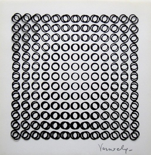 VICTOR VASARELY, Signed Offset Print, 1965: Victor VASARELY signed offset Print, 1965. Signed by Vasarely in silver pen. Published in "Vasarely" from Marcel Joray. Edition: du Griffon Neuch‰tel. Size: 10.6 x 10.6 in (27 x 27 cm), with foil.