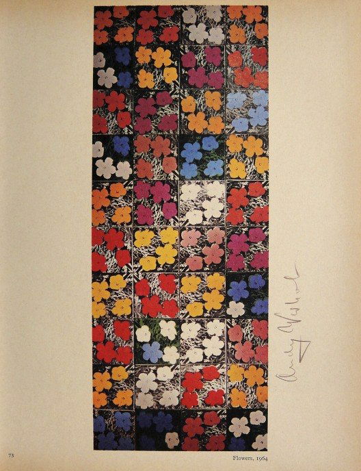 ANDY WARHOL, Signed Special Print, 1965: Andy WARHOL, "Flowers" signed special Print. From a signed VIP book from 1965. Hand signed by Andy Warhol in brown crayon. Printed on the back, number and title. Size: 10.6 x 7.8 in (27 x 20 cm).