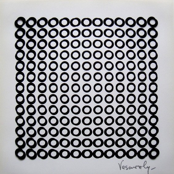 VICTOR VASARELY, Signed Offset Print, 1965: Victor VASARELY signed offset Print, 1965. Signed by Vasarely in silver pen. Published in "Vasarely" from Marcel Joray. Edition: du Griffon Neuch‰tel. Size: 10.6 x 10.6 in (27 x 27 cm), with foil.