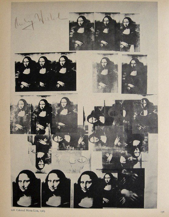 ANDY WARHOL, Signed Special Print, 1965: Andy WARHOL, "Colored Mona Lisa" signed special Print. From a signed VIP book from 1965. Hand signed by Andy Warhol in brown crayon. Printed on the back, number and title. Size: 10.6 x 7.8 in (27 x 20