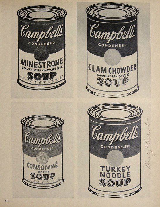 ANDY WARHOL, Signed Special Print, 1965: Andy WARHOL, "Campbell's Soup Cans" signed special Print. From a signed VIP book from 1965. Hand signed by Andy Warhol in brown crayon. Printed on the back, number and title. Size: 10.6 x 7.8 in (27 x