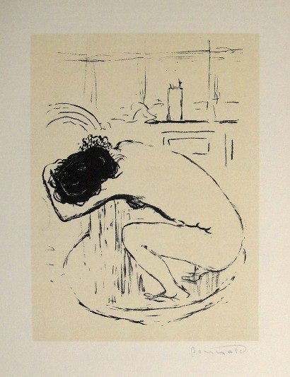 PIERRE BONNARD, Signed Lithograph 1894: Signed Lithograph by Pierre Bonnard "Le Tub". Published in 1894. Hand signed by Bonnard in pencil. Prov: Galerie les Tourettes, Dr. A. Wertheimer, Paris. Size: 12.2 x 9.4 in (31 x 24 cm), printed on t