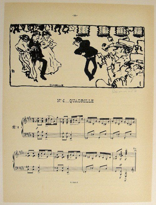 PIERRE BONNARD, Signed Lithograph 1894: Signed Lithograph by Pierre Bonnard "No 4 Quadrille". Published in 1894. Hand signed by Bonnard in pencil. Prov: Galerie les Tourettes, Dr. A. Wertheimer, Paris. Size: 12.2 x 9.4 in (31 x 24 cm), prin