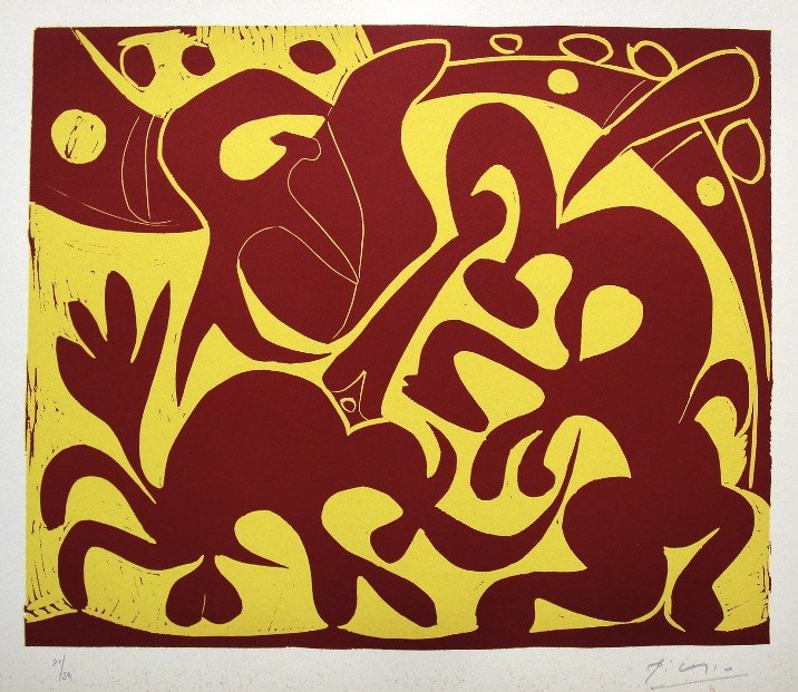 PABLO PICASSO, Hand signed Linocut, 1962: Pablo Picasso original hand signed Linocut, 1962. "Pique" (Bloch 908) Signature and numbered 21/50 in pencil by Pablo Picasso. Edition published in 1962. Prov: Galerie les Tourettes, Dr. A. Wertheimer