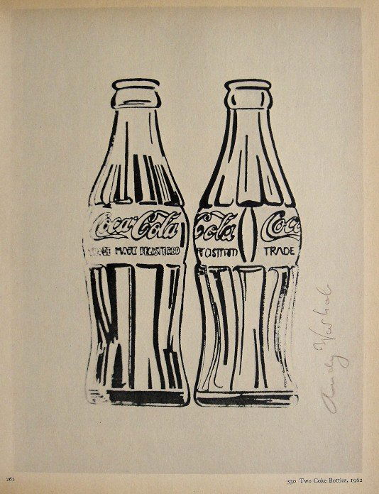 ANDY WARHOL, Signed Special Print, 1965: Andy WARHOL, "'Two Coke Bottles" signed special Print. From a signed VIP book from 1965. Hand signed by Andy Warhol in brown crayon. Printed on the back, number and title. Size: 10.6 x 7.8 in (27 x 20