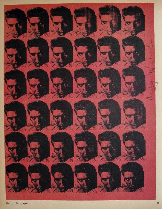 ANDY WARHOL, Signed Special Print, 1965: Andy WARHOL, "Red Elvis" signed special Print. From a signed VIP book from 1965. Hand signed by Andy Warhol in brown crayon. Printed on the back, number and title. Size: 10.6 x 7.8 in (27 x 20 cm).