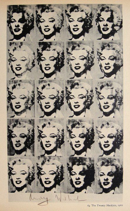 ANDY WARHOL, Signed Special Print, 1965: Andy WARHOL, "The Twenty Marilyns" signed special Print. From a signed VIP book from 1965. Hand signed by Andy Warhol in brown crayon. Printed on the back, number and title. Size: 10.6 x 7.8 in (27 x
