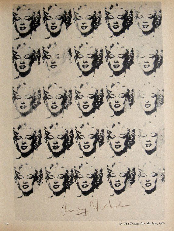 ANDY WARHOL, Signed Special Print, 1965: Andy WARHOL, "'The Twenty-five Marilyns" signed special Print. From a signed VIP book from 1965. Hand signed by Andy Warhol in brown crayon. Printed on the back, number and title. Size: 10.6 x 7.8 in