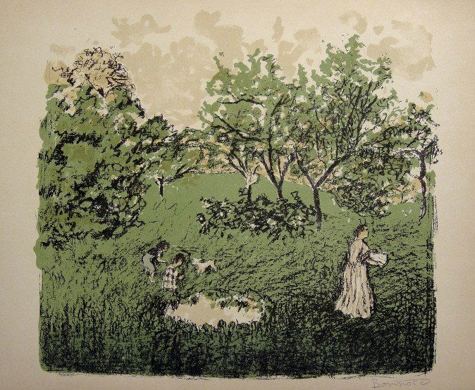 PIERRE BONNARD, Signed Lithograph 1894: Signed Lithograph by Pierre Bonnard "Sur la prairie". Published in 1894. Hand signed by Bonnard in pencil. Prov: Galerie les Tourettes, Dr. A. Wertheimer, Paris. Size: 12.2 x 9.4 in (31 x 24 cm), prin