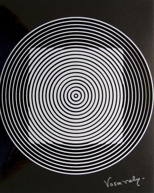 VICTOR VASARELY, Signed Offset Print, 1965: Victor VASARELY signed offset Print, 1965. Signed by Vasarely in silver pen. Published in "Vasarely" from Marcel Joray. Edition: du Griffon Neuch‰tel. Size: 22.4 x 9 in (29 x 23 cm), with foil.