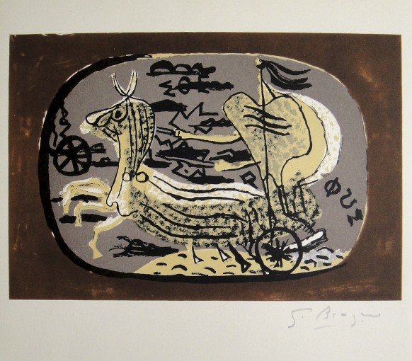GEORGES BRAQUE, Signed Lithograph, 1963: Georges BRAQUE, signed Lithograph 1963. Hand signed by Braque in pencil. Signed VIP book edition of "Lithograph". Printed by Fernand Mourlot and AndrŽ Sauret, Union de Paris / 1963. Size: 11.8 x 9.4 