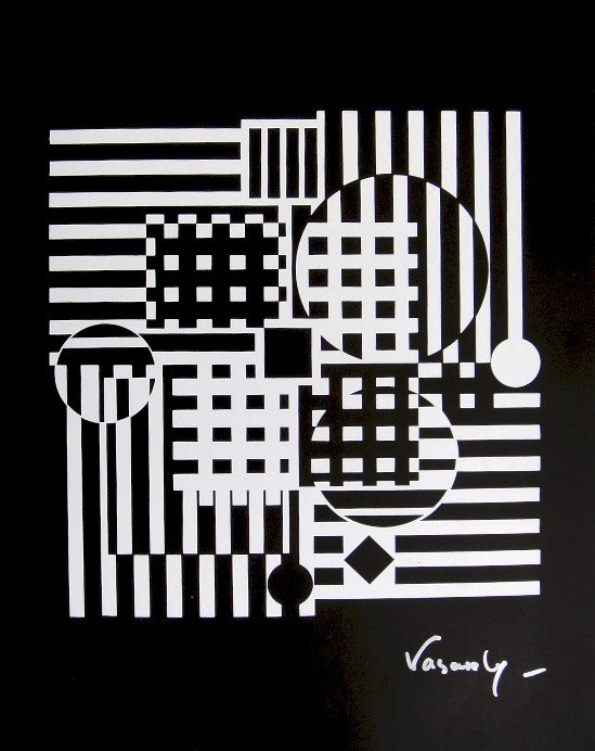 VICTOR VASARELY, Signed Offset Print, 1965: Victor VASARELY signed offset Print. From a signed VIP book from 1965. Signed by Vasarely in silver pen. Published in "Vasarely" from Marcel Joray. Edition: du Griffon Neuch‰tel. Size: 11.4 x 9 in (