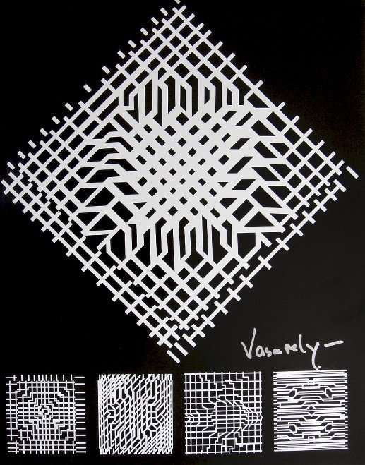 VICTOR VASARELY, Signed Offset Print, 1965: Victor VASARELY signed offset Print. From a signed VIP book from 1965. Signed by Vasarely in silver pen. Published in "Vasarely" from Marcel Joray. Edition: du Griffon Neuch‰tel. Size: 11.4 x 9 in (