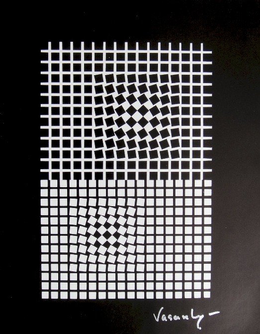 VICTOR VASARELY, Signed Offset Print, 1965: Victor VASARELY signed offset Print. From a signed VIP book from 1965. Signed by Vasarely in silver pen. Published in "Vasarely" from Marcel Joray. Edition: du Griffon Neuch‰tel. Size: 11.4 x 9 in (