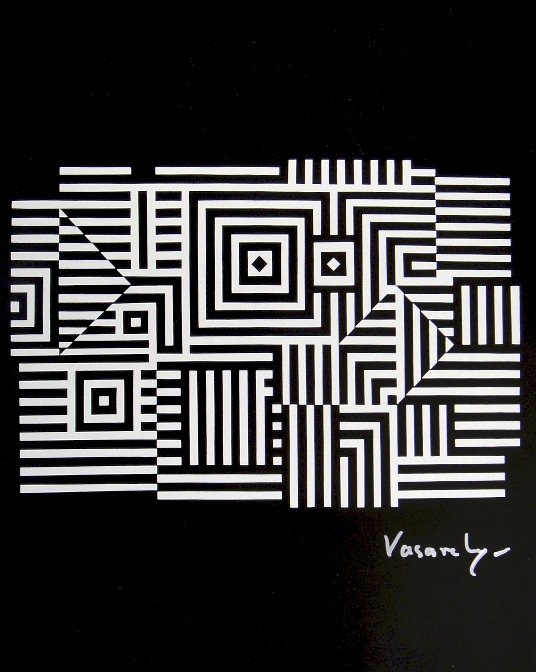 VICTOR VASARELY, Signed Offset Print, 1965: Victor VASARELY signed offset Print. From a signed VIP book from 1965. Signed by Vasarely in silver pen. Published in "Vasarely" from Marcel Joray. Edition: du Griffon Neuch‰tel. Size: 11.4 x 9 in (