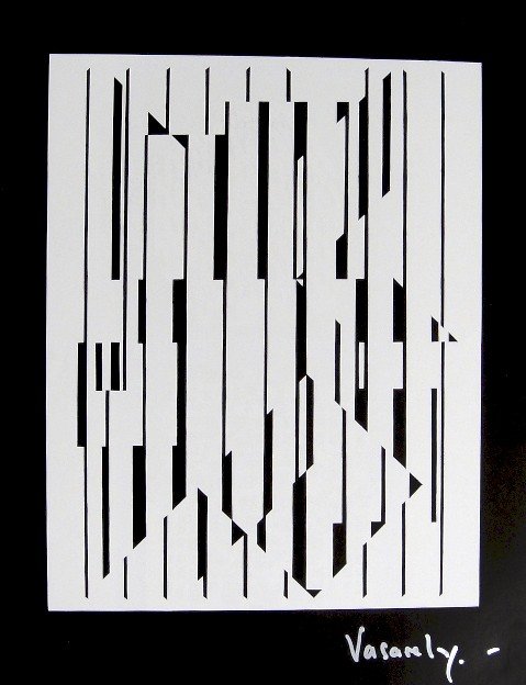 VICTOR VASARELY, Signed Offset Print, 1965: Victor VASARELY signed offset Print. From a signed VIP book from 1965. Signed by Vasarely in silver pen. Published in "Vasarely" from Marcel Joray. Edition: du Griffon Neuch‰tel. Size: 11.4 x 9 in (