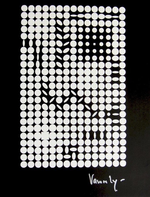 VICTOR VASARELY, Signed Offset Print, 1965: Victor VASARELY signed offset Print. From a signed VIP book from 1965. Signed by Vasarely in silver pen. Published in "Vasarely" from Marcel Joray. Edition: du Griffon Neuch‰tel. Size: 11.4 x 9 in (