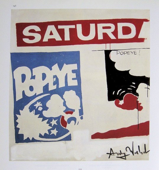 ANDY WARHOL, Signed Print, 1982: Andy WARHOL, "Saturday's Popeye" signed Print. From a signed VIP book from 1982. Hand signed by Andy Warhol in black pen. Size: 8.3 x 7.1 in (21 x 18 cm) printed on the back.