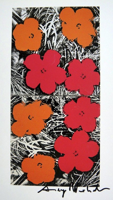 ANDY WARHOL, Signed Print, 1982: Andy WARHOL, "Flowers" signed Print. From a signed VIP book from 1982. Hand signed by Andy Warhol in black pen. Size: 10.6 x 9.4 in (27 x 24 cm), printed on the back.