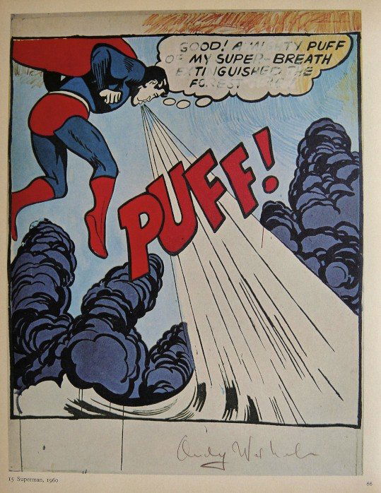ANDY WARHOL, Signed Special Print, 1965: Andy WARHOL, "Superman" signed special Print. From a signed VIP book from 1965. Hand signed by Andy Warhol in brown crayon. Printed on the back, number and title. Size: 10.6 x 7.8 in (27 x 20 cm).