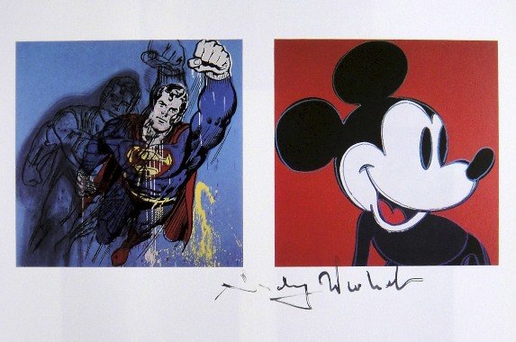 ANDY WARHOL, Signed Print, 1982: Andy WARHOL, "Superman and Mickey Mouse" signed Print. From a signed VIP book from 1982. Hand signed by Andy Warhol in black pen. Size: 8.3 x 7.1 in (21 x 18 cm) printed on the back.
