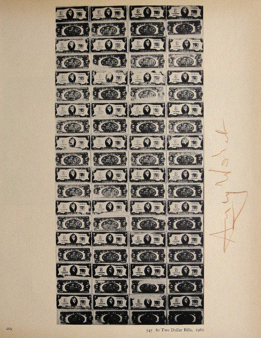 ANDY WARHOL, Signed Special Print, 1965: Andy WARHOL, "80 Two Dollar Bill" signed special Print. From a signed VIP book from 1965. Hand signed by Andy Warhol in brown crayon. Printed on the back, number and title. Size: 10.6 x 7.8 in (27 x 2