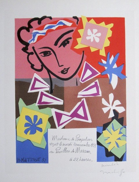 Henri Matisse Lithograph Ecole de Paris: Original lithograph from a special VIP folder, 1951. Hand signed by Matisse in pencil. Lithograph: Fernand Mourlot, Paris. Editeur: Andre Sauret, Paris. Prov: Madame de Pompadour Size: 11.8 x 9 inches