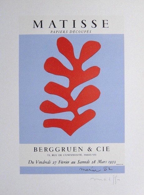 Henri Matisse Lithograph Ecole de Paris: Original lithograph from a special VIP folder, 1951. Hand signed by Matisse in pencil. Lithograph: Fernand Mourlot, Paris. Editeur: Andre Sauret, Paris. Prov: Berggrune & Cie Size: 11.8 x 9 inches (30