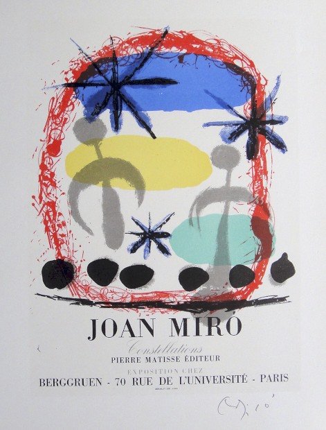 Joan Miro Lithograph Ecole de Paris: Original lithograph from a special VIP folder, 1953. Hand signed by Joan Miro in pencil. Lithograph: Fernand Mourlot, Paris. Editeur: Pierre Matisse, Paris. Prov: Pierre Matisse, Paris. Size: 11.8 x 9