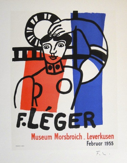 Fernand Leger Lithograph Ecole de Paris: Original lithograph from a special VIP folder, 1955. Hand signed by Fernand Leger in pencil. Lithograph: Fernand Mourlot, Paris. Editeur: Museum Morsbroich, Leverkusen Prov: Museum Morsbroich, Leverku