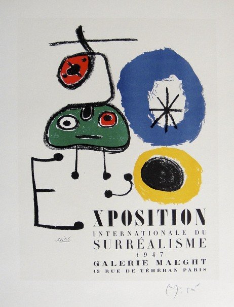 Joan Miro Lithograph Ecole de Paris: Original lithograph from a special VIP folder, 1953. Hand signed by Joan Miro in pencil. Lithograph: Fernand Mourlot, Paris. Editeur: Galerie Maeght, Paris. Prov: Galerie Maeght, Paris. Size: 11.8 x 9