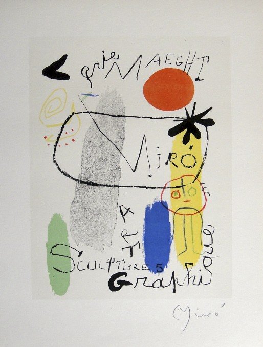 Joan Miro Lithograph Ecole de Paris: Original lithograph from a special VIP folder, 1953. Hand signed by Joan Miro in pencil. Lithograph: Fernand Mourlot, Paris. Editeur: Galerie Maeght, Paris. Prov: Galerie Maeght, Paris. Size: 11.8 x 9
