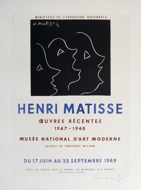 Henri Matisse Lithograph Ecole de Paris: Original lithograph from a special VIP folder, 1951. Hand signed by Matisse in pencil. Lithograph: Fernand Mourlot, Paris. Editeur: Musee National D'Art Moderne, Francaise. Prov: Musee National D'Art 