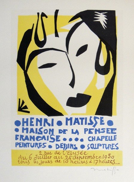 Henri Matisse Lithograph Ecole de Paris: Original lithograph from a special VIP folder, 1951. Hand signed by Matisse in pencil. Lithograph: Fernand Mourlot, Paris. Editeur: Maison de la Pensee, Francaise. Prov: Maison de la Pensee, Francaise