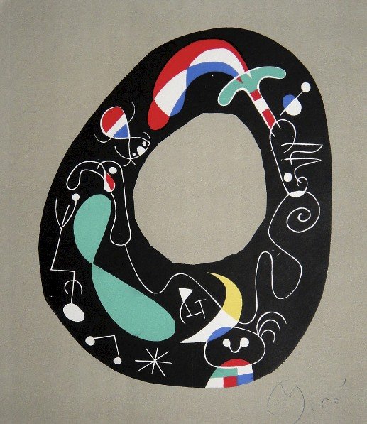 Joan Miro signed original Lithograph 1956: Joan Miro, original Lithographie from a VIP folder 1956. Hand signed by Miro in pencil. Editeur: Galerie Maeght, Paris. Prov: Jacques Prevert, Georges Ribemont Size: 8.6 x 7.5 inches (22 x 19 cm).