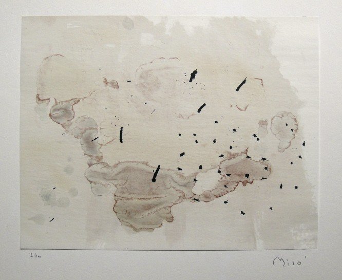 Joan Miro signed original Lithograph 1963: Joan Miro, original Lithographie from a VIP folder Trace sur l'eau "Suite d'aquarelles" 1963. Hand signed by Miro in pencil and numbered 5/100. Silk paper is glued on a base, signature on the base. Ed