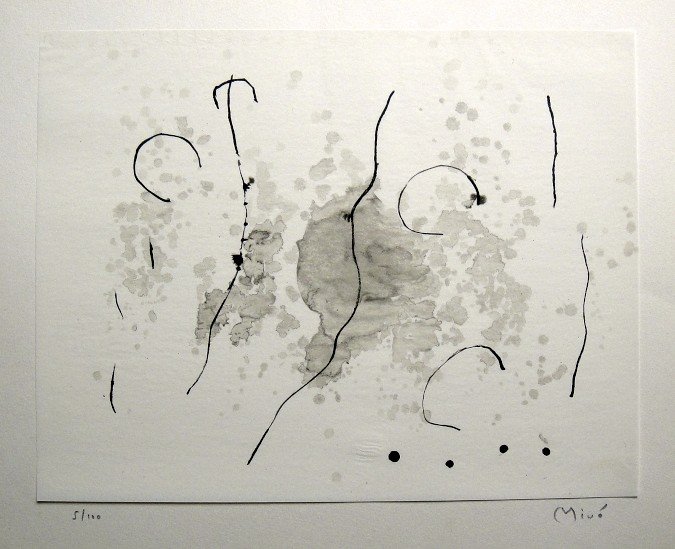 Joan Miro signed original Lithograph 1963: Joan Miro, original Lithographie from a VIP folder Trace sur l'eau "Suite d'aquarelles" 1963. Hand signed by Miro in pencil and numbered 5/100. Silk paper is glued on a base, signature on the base. Ed