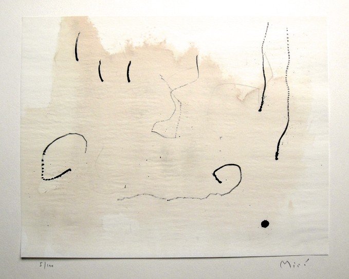 Joan Miro signed original Lithograph 1963: Joan Miro, original Lithographie from a VIP folder Trace sur l'eau "Suite d'aquarelles" 1963. Hand signed by Miro in pencil and numbered 5/100. Silk paper is glued on a base, signature on the base. Ed