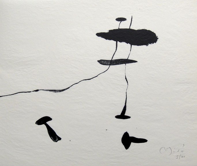 Joan Miro signed original Lithograph 1963: Joan Miro, original Lithographie on silk paper from a VIP folder Trace sur l'eau "Suite d'aquarelles" 1963. Hand signed by Miro in pencil and numbered 5/100. Editeur: Atelier Maeght, Paris. Prov: Gale