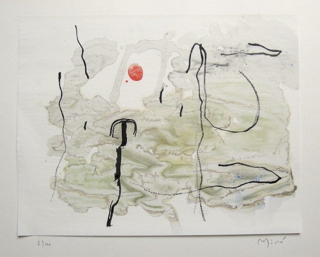 Joan Miro signed original Lithograph 1963: Joan Miro, original Lithographie from a VIP folder Trace sur l'eau "Suite d'aquarelles" 1963. Hand signed by Miro in pencil and numbered 5/100. Silk paper is glued on a base, signature on the base. Ed
