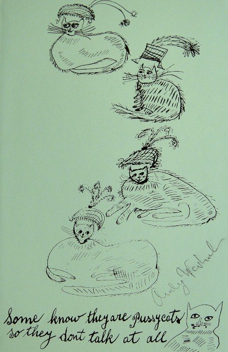 ANDY WARHOL, Special signed Print, 1982: Andy WARHOL, "Cats - Some..." signed special Print. From a signed VIP book from 1982. Hand signed by Andy Warhol in black pen. Size: 8.6 x 5.5 in (22 x 14 cm).